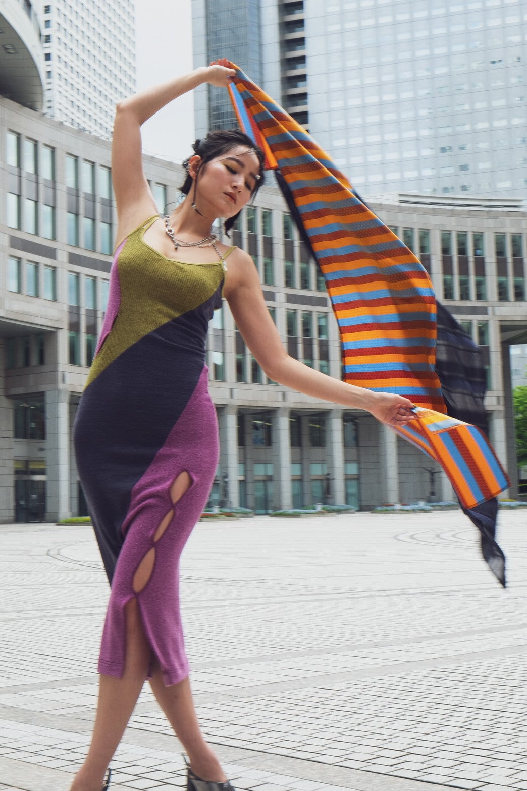 Combination scarf - Orange × Navy