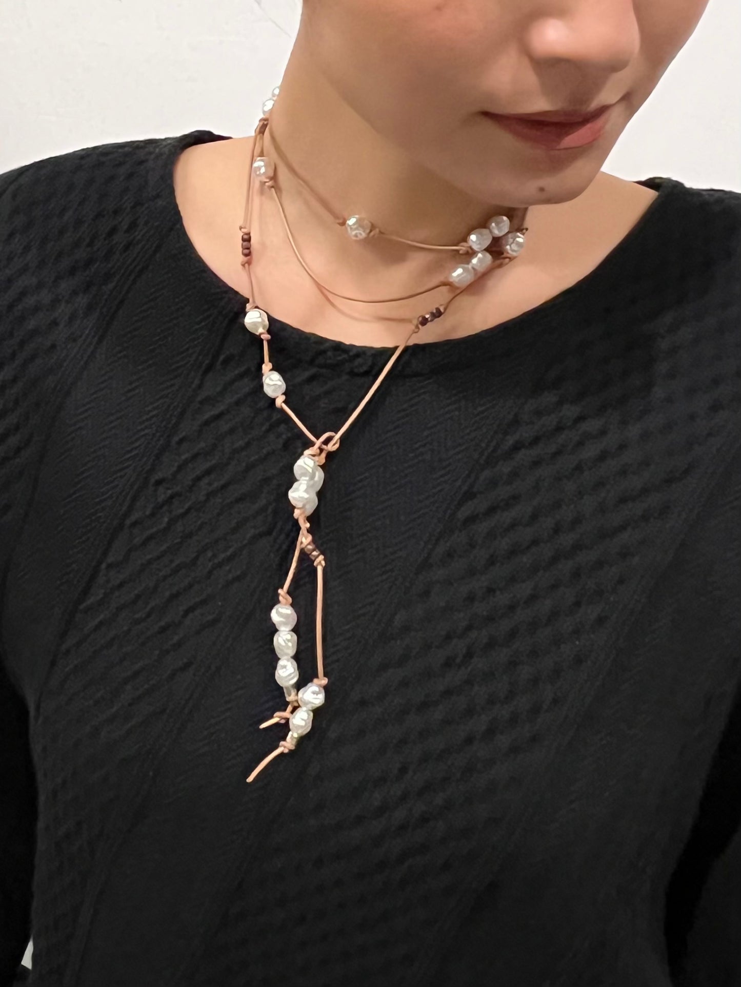 Leather combination long necklace - beige