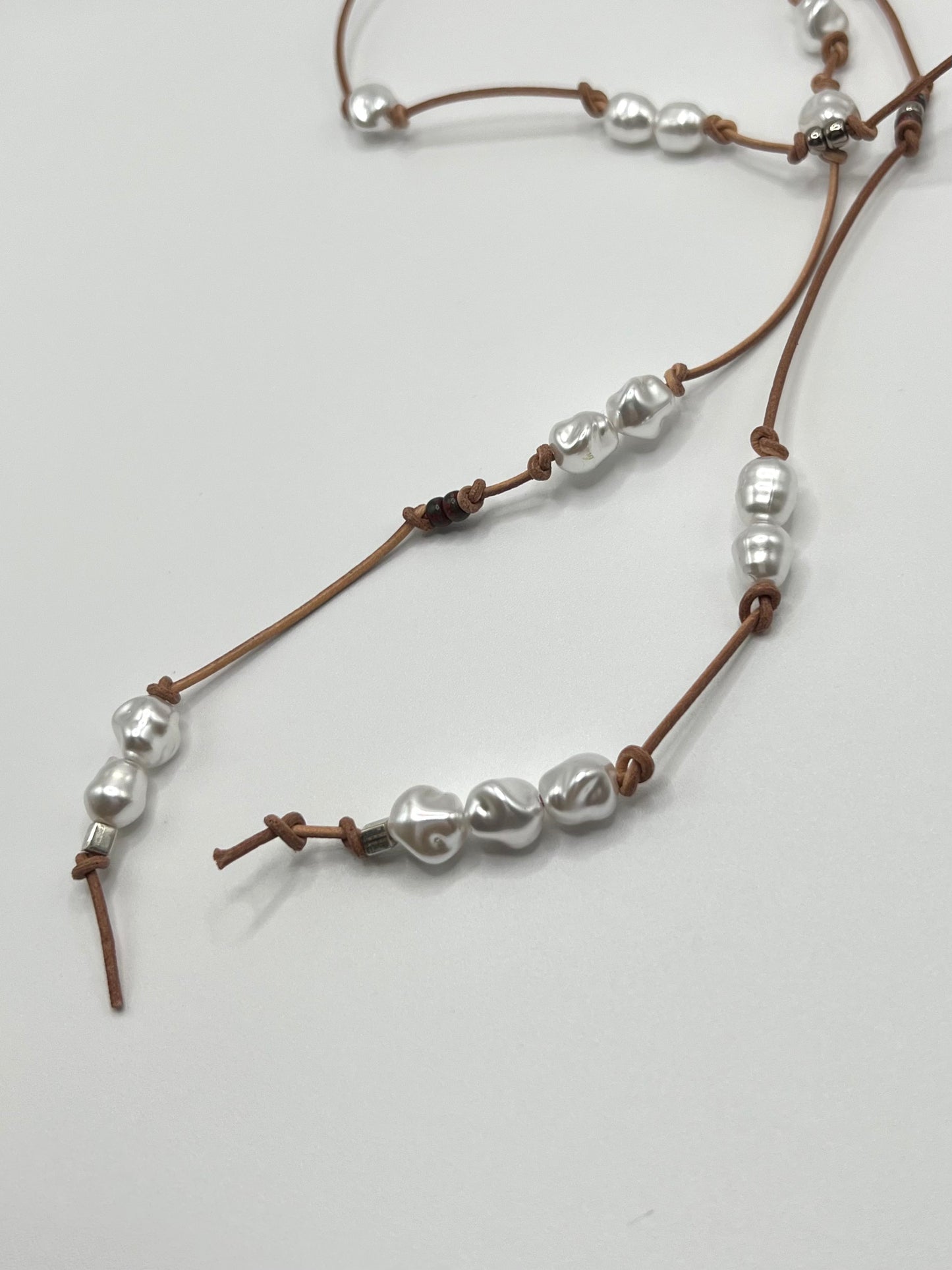 Leather combination long necklace - beige