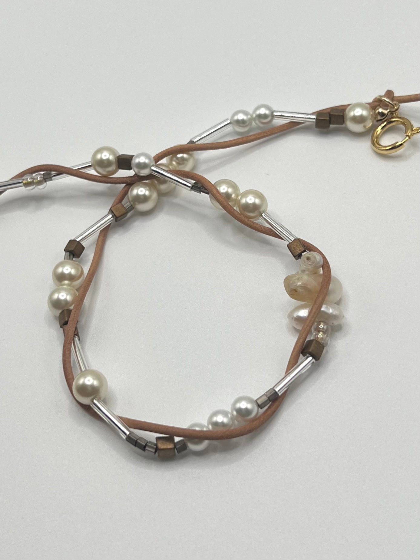 Leather combination necklace - Pearl
