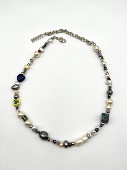 Square stone pearl mix necklace