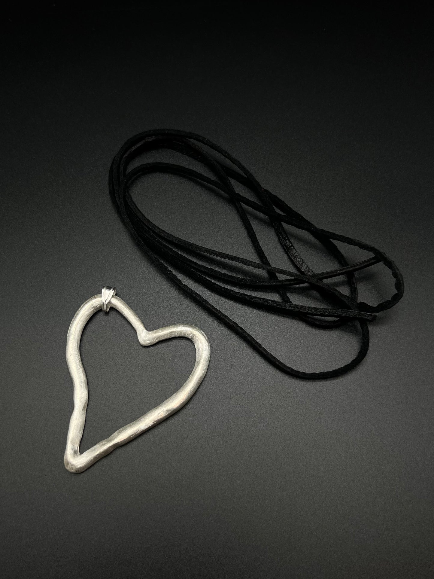 Heart necklace -silver original leather cord BLACK