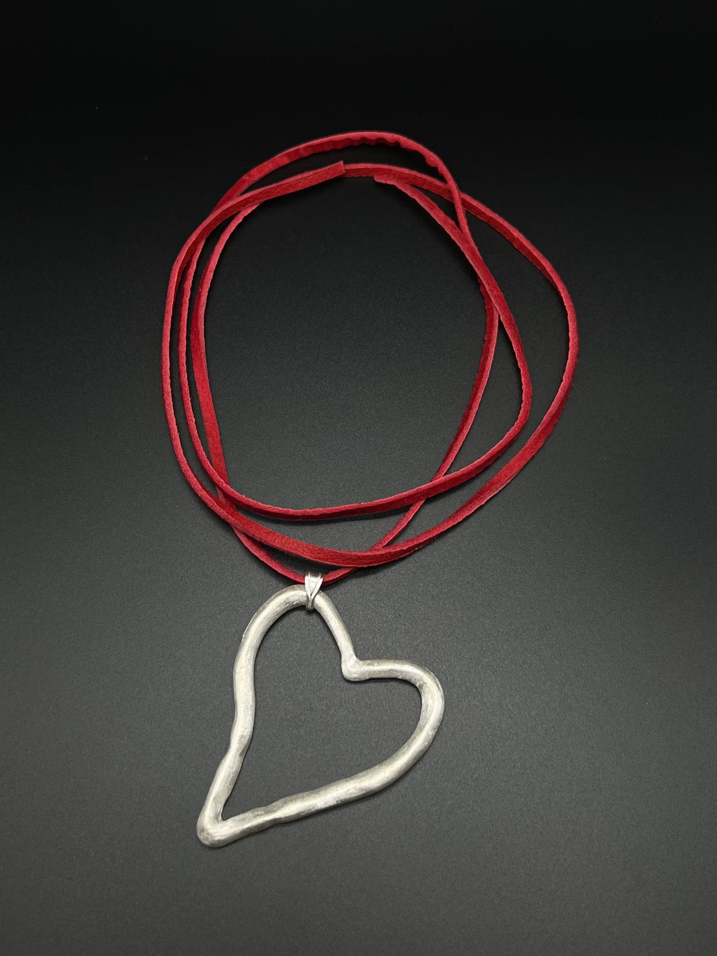 Heart necklace -silver original leather cord RED
