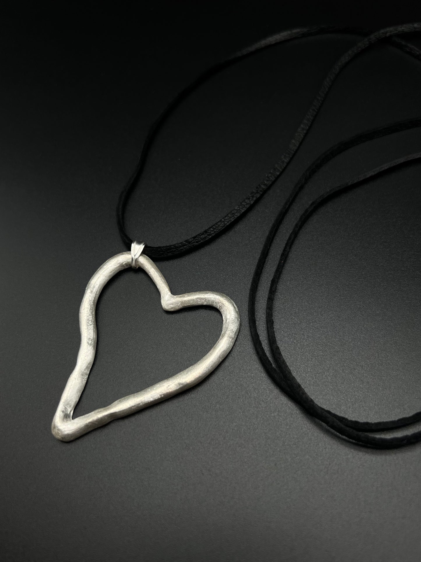 Heart necklace -silver original leather cord BLACK