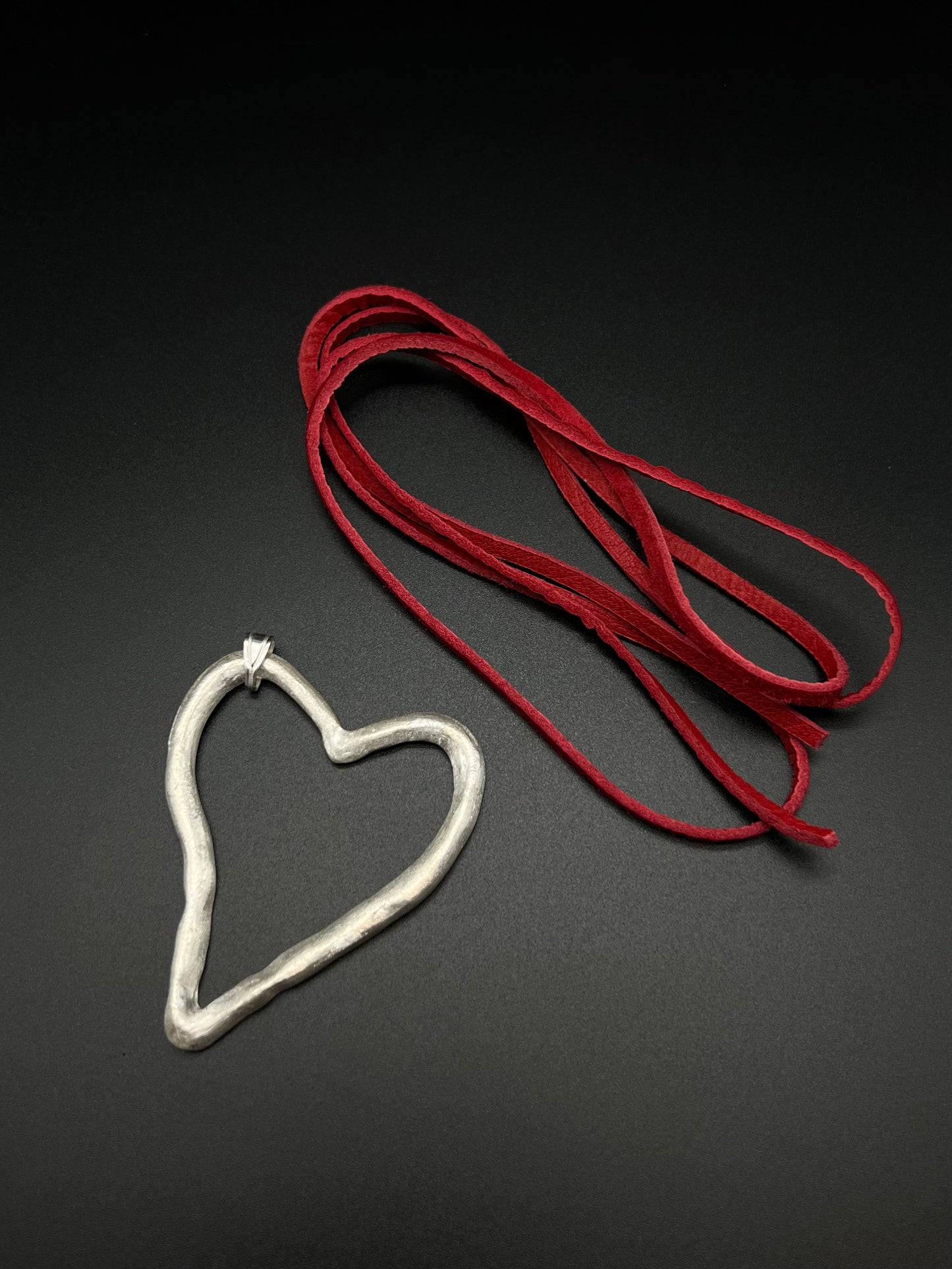 Heart necklace -silver original leather cord RED